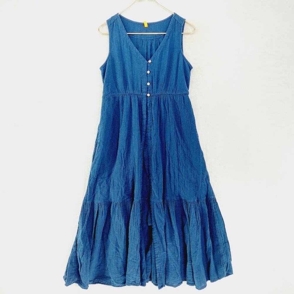 Boutique Cotton 4 Button Sleeveless Maxi Over Wrap Navy Maxi Dress (Size 4-6)